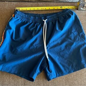 Chubbies Blue Swim Trunks with Rainbow Accents.